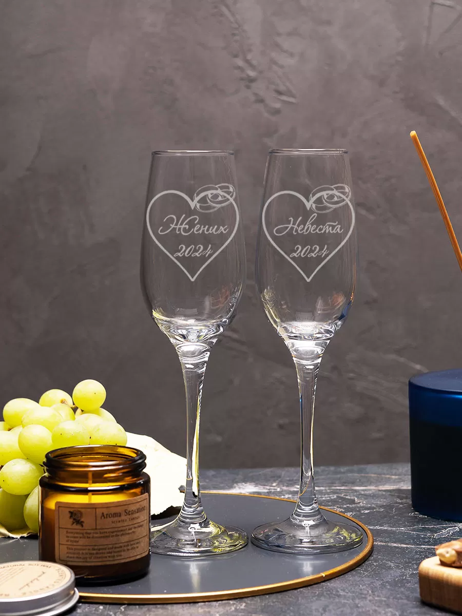 Свадебные бокалы под шампанское с гравировкой Жених невеста в сердце — изображение 4