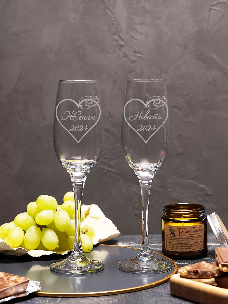 Свадебные бокалы под шампанское с гравировкой Жених невеста в сердце — изображение 5