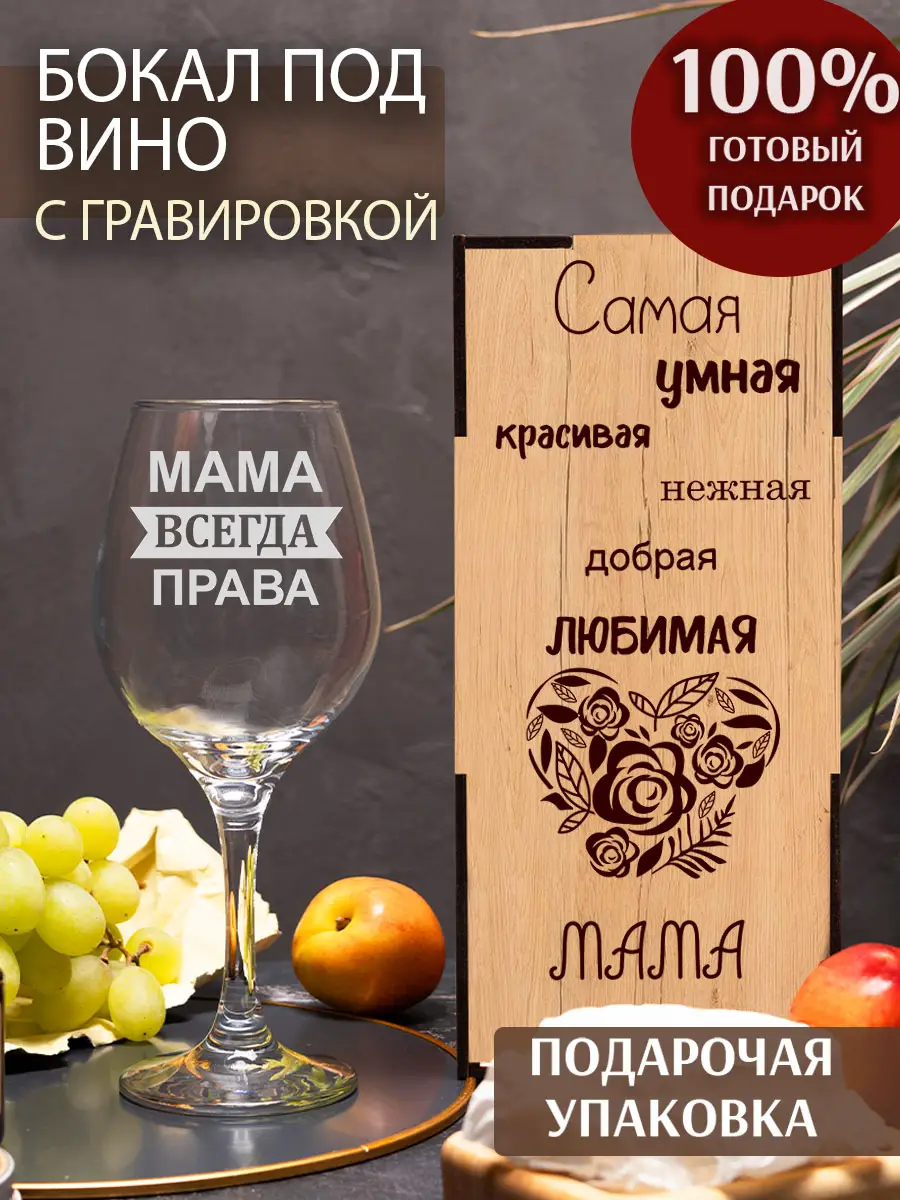 Бокал с надписью под вино в подарок мама всегда права